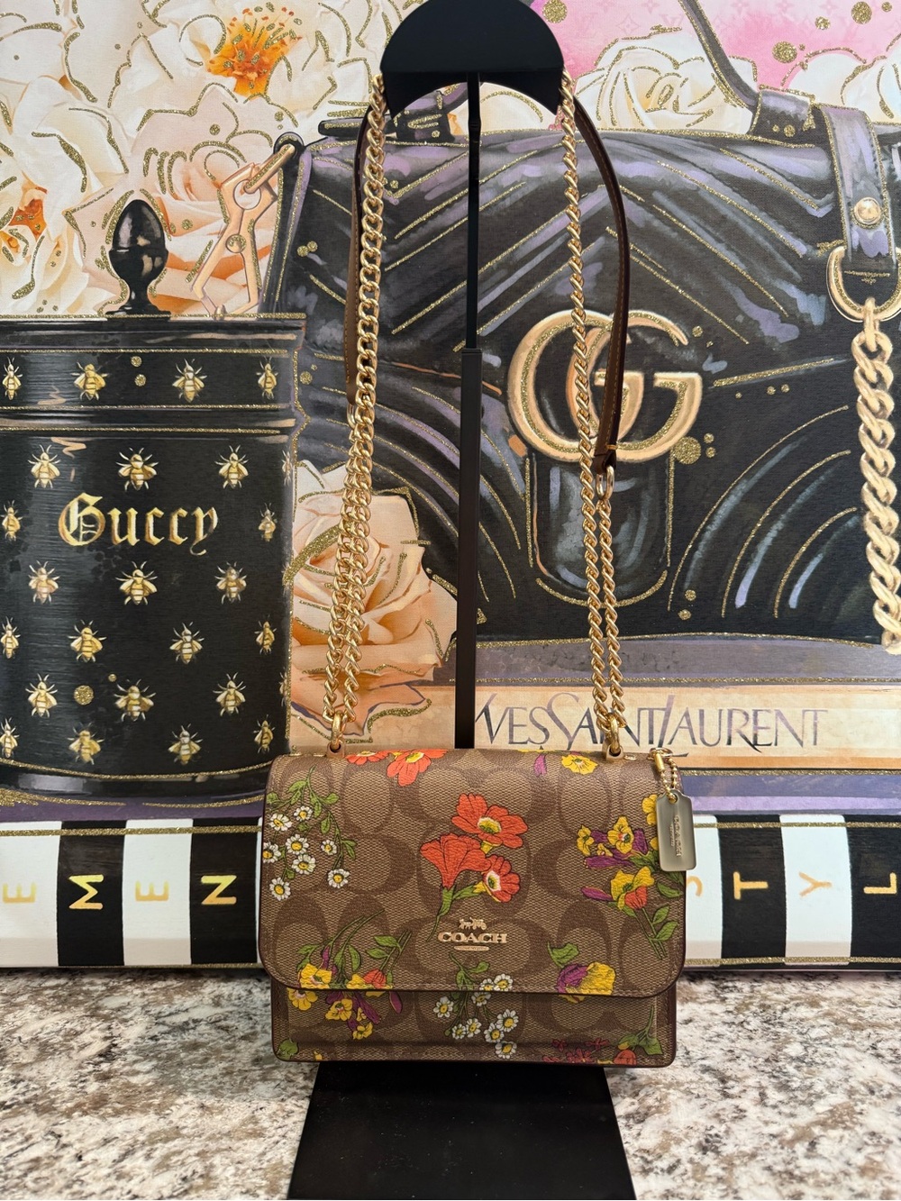 Coach Brown Floral Print Crossbody with Gold Chain Strap
